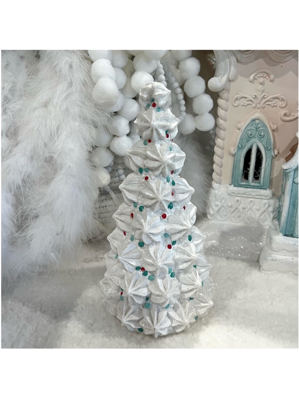 Meringue tree figure holiday Christmas decor glittery candy land display tree